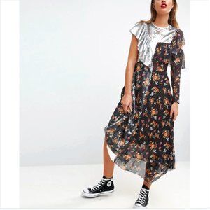 ASOS Sequin Mix Raw Edge Print Midi Tea Dress